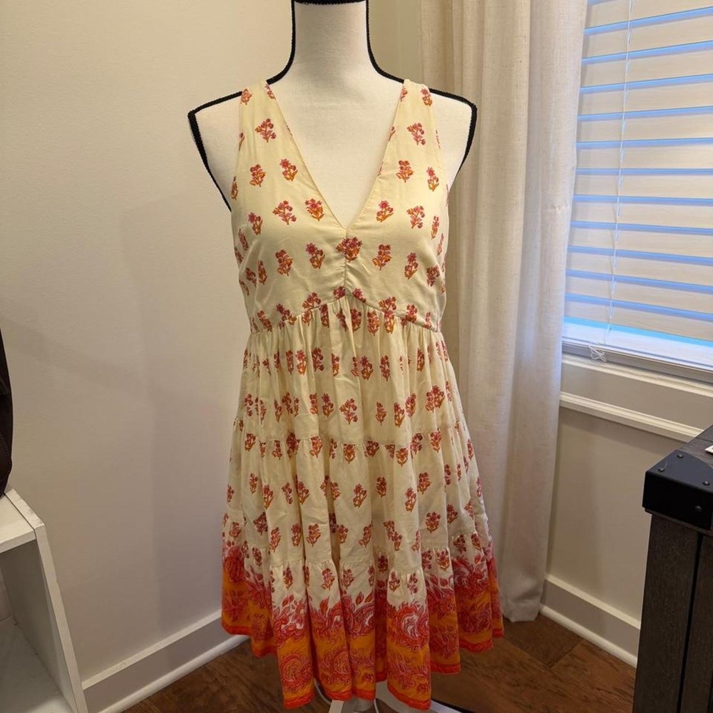 Sincerely Jules Floral Block Print Tiered Mini Dress V-Neck Boho Cream Orange S